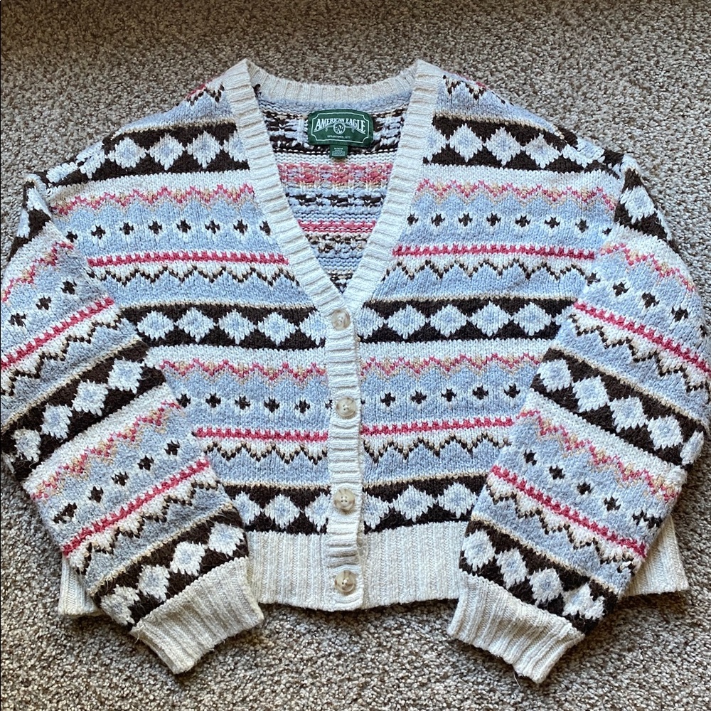 American Eagle Fair Isle Pattern Brown/Gray Knit Button Front Cardigan Sweater M